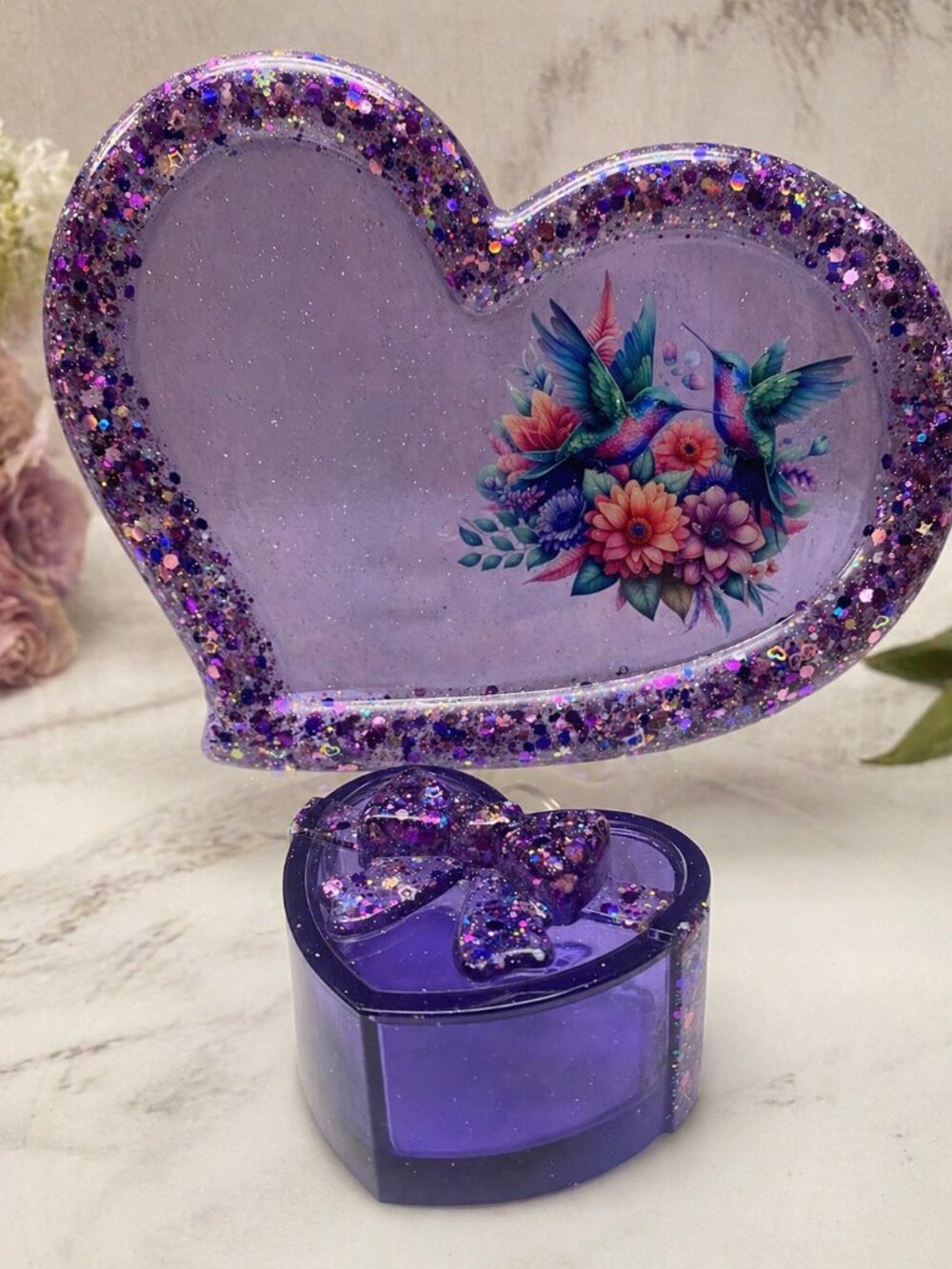 Purple Heart Tray and Jar Set, Hummingbird Resin Organizer, Feminine Shimmer